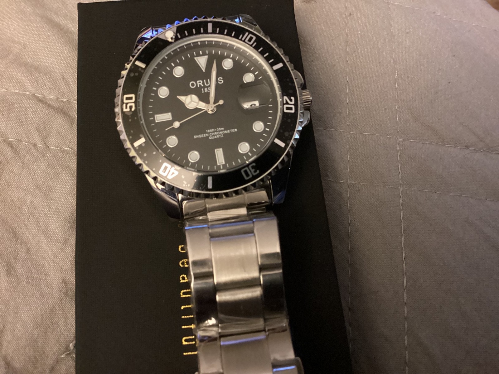 Mens Oruss 1853 Round Silver Tone Black Dial Bezel Date Analog Quartz Watch