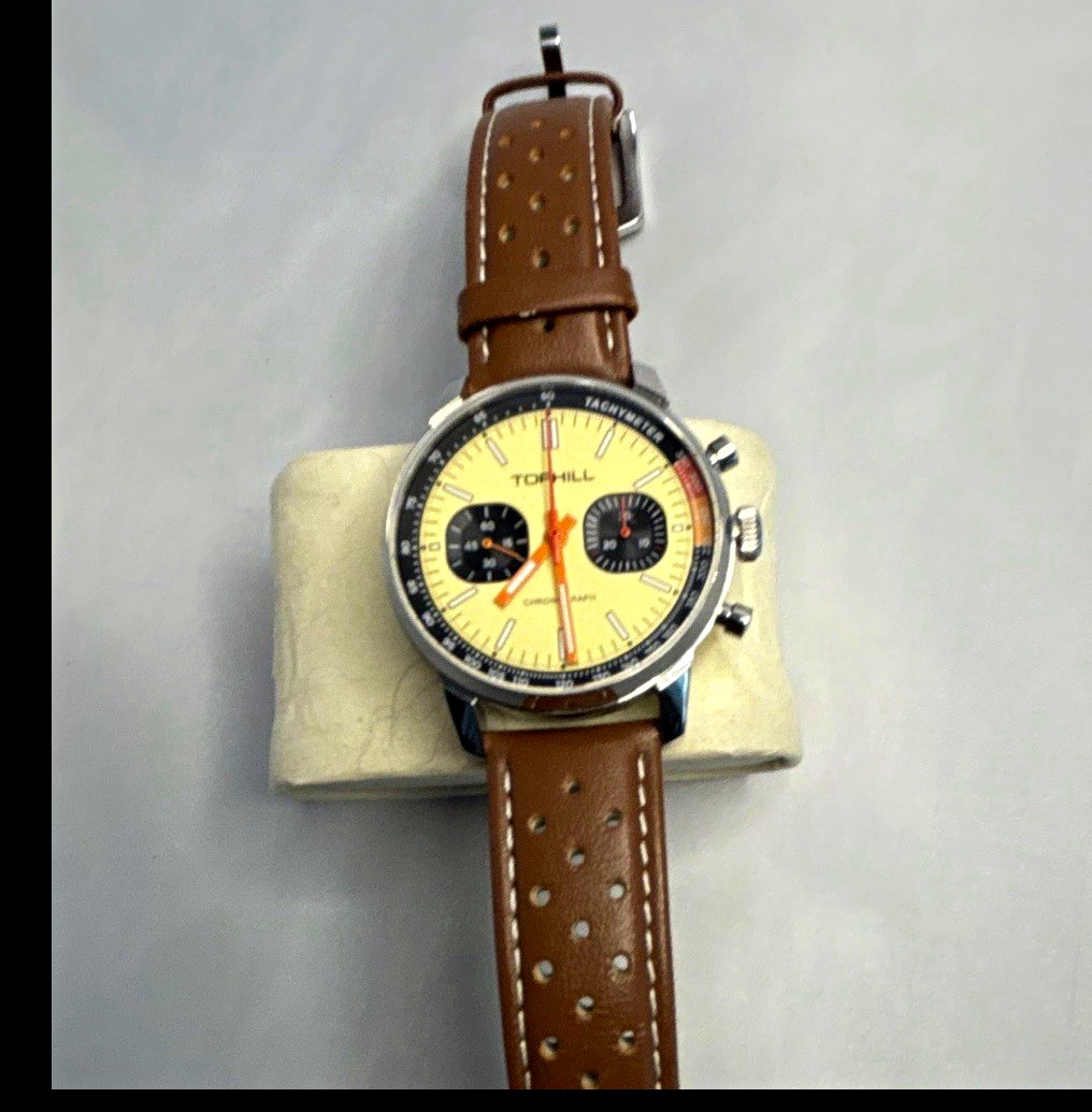 TOPHILL Men’s Mechanical Chronograph 40mm Steel Watch Brown Leather Beige Dial