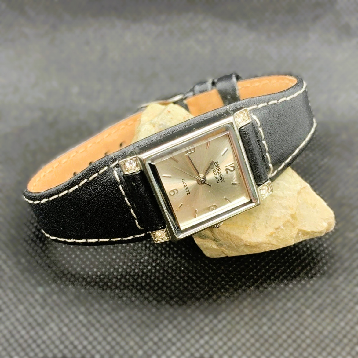 Embassy/Gruen GEM1647L Gemmed Bezel/Square/Silver/Black Leather Women’s Watch