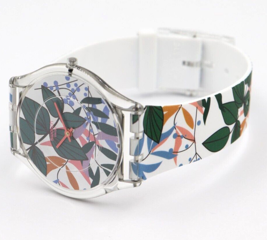 New Swiss Swatch Skin LEAVES JUNGLE Silicone Women Watch 34mm SSO8K111 $120