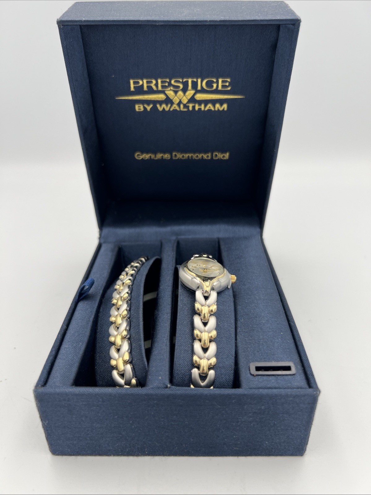 Prestige By Waltham Womans Gold And Silver Tone Diamond Quartz Watch & Bracelet
