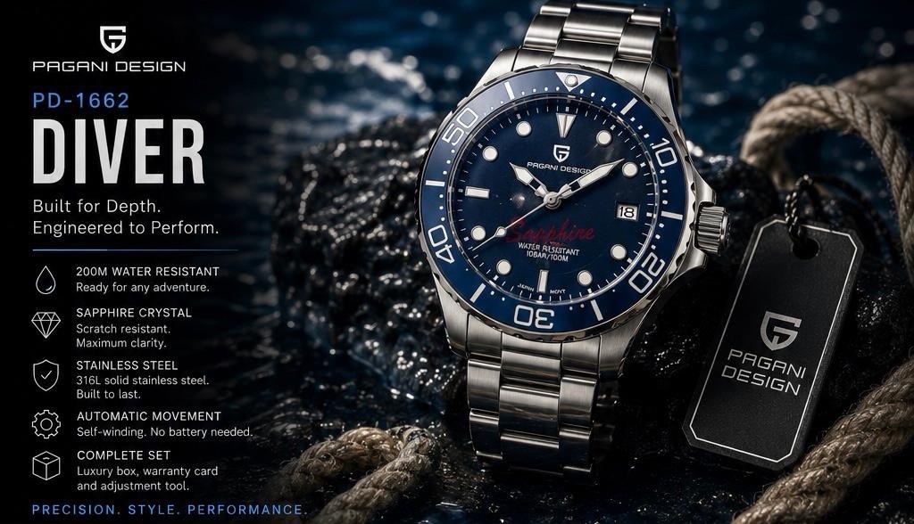 Pagani Design PD-1662 Diver Automatic 200m Blue Dial/Bezel 40mm Steel Box