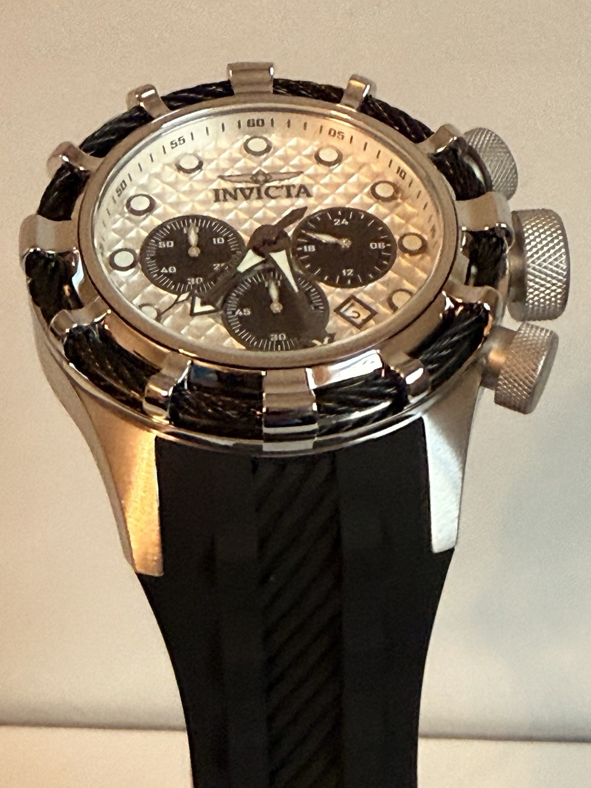 Invicta Men’s Watch Bolt Chronograph Antique Silver and Black Dial Strap 49163