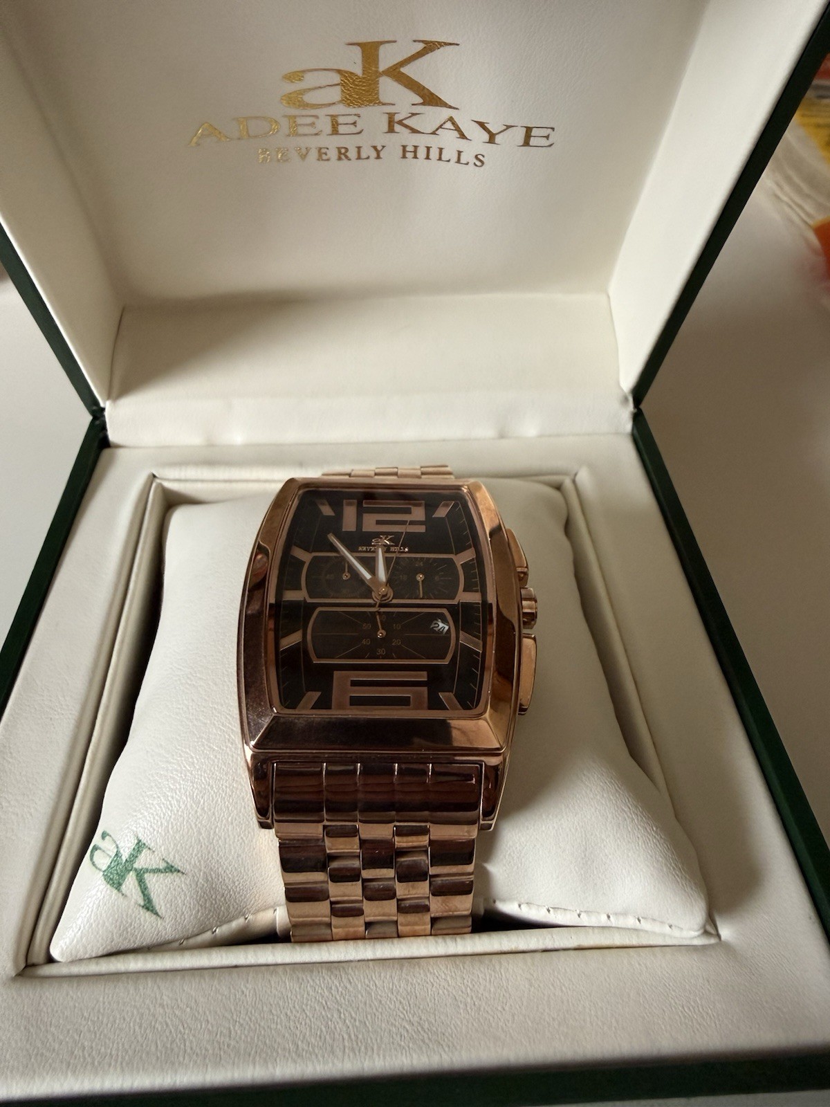 Adee Kaye Beverly Hills Men’s Quartz Chronograph Date Tonneau Watch Box