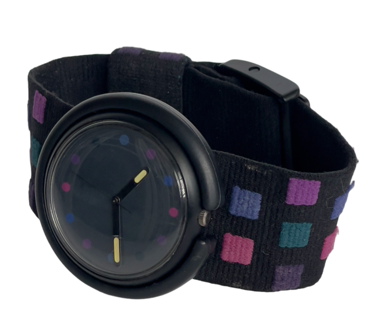 Vintage Swatch Pop Checks Watch Black Blue Purple Round 47mm 1991 New Battery