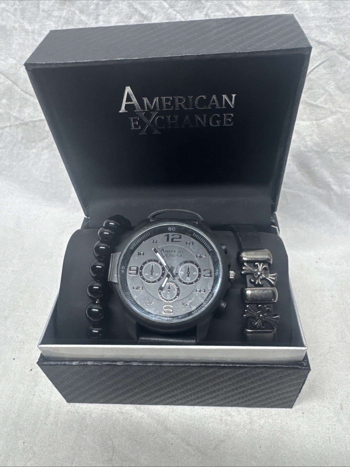 American Exchange Men’s Quartz Black Rubber Watch 51mm Gift Set