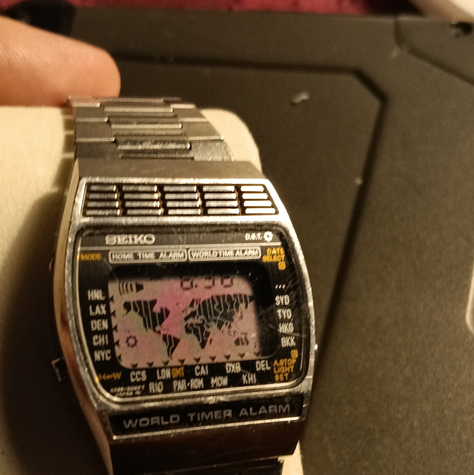 Seiko World Timer Alarm Digital Quartz LCD Date/Day Silver SS Bracelet