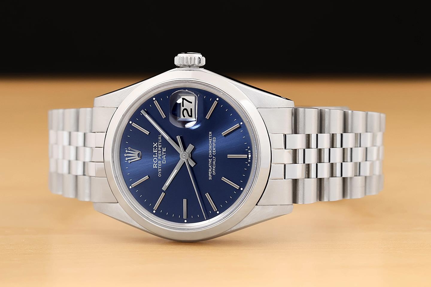 ROLEX MENS OYSTER PERPETUAL DATE 1500 34MM BLUE DIAL STEEL JUBILEE WATCH