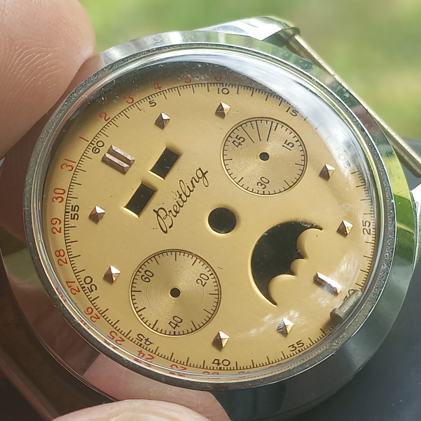 NOS VINTAGE BREITLING TRIPLE DATE MOONPHASE CHRONOGRAPH WATCH CASE DIAL 1950..