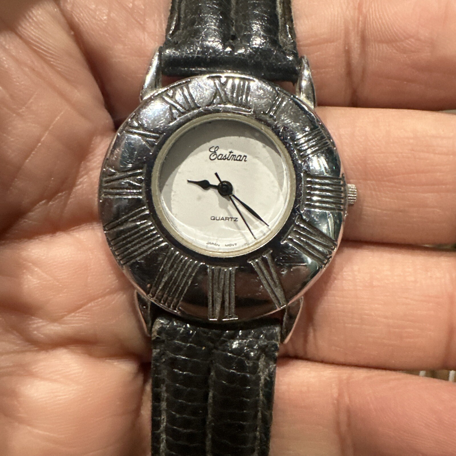 Running VTG Eastman Quarts Watch Silver Plated Roman Number Black Leather Strap