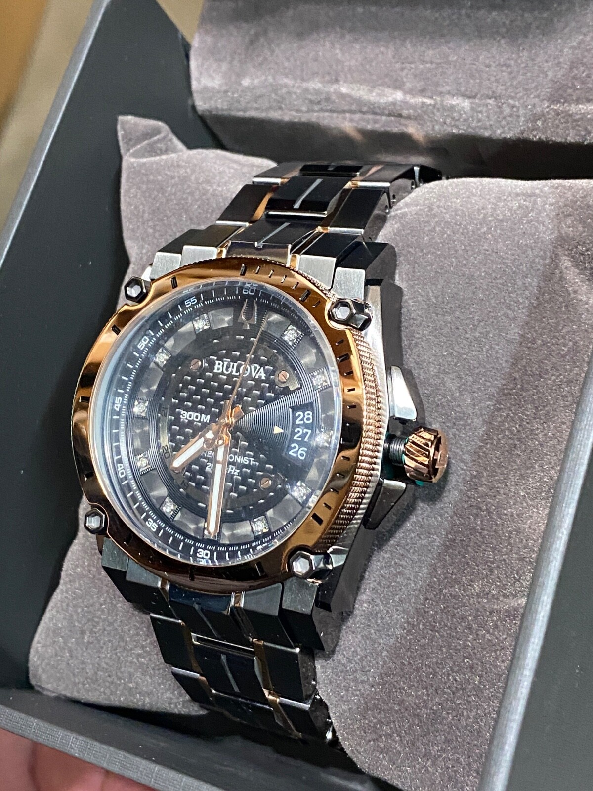 Bulova Precisionist Quartz Diamond Accent 2-Tone Black 46mm Watch 98D149 ROSE G