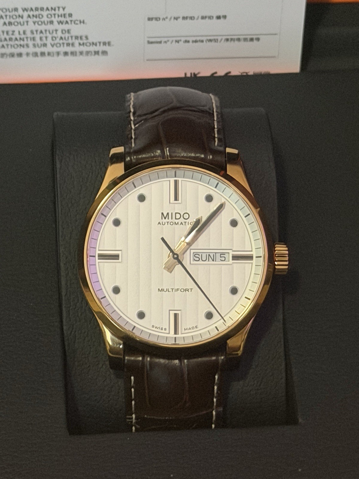 MIDO Multifort Automatic Day/Date 42mm Gold Steel Brown Leather Box Papers