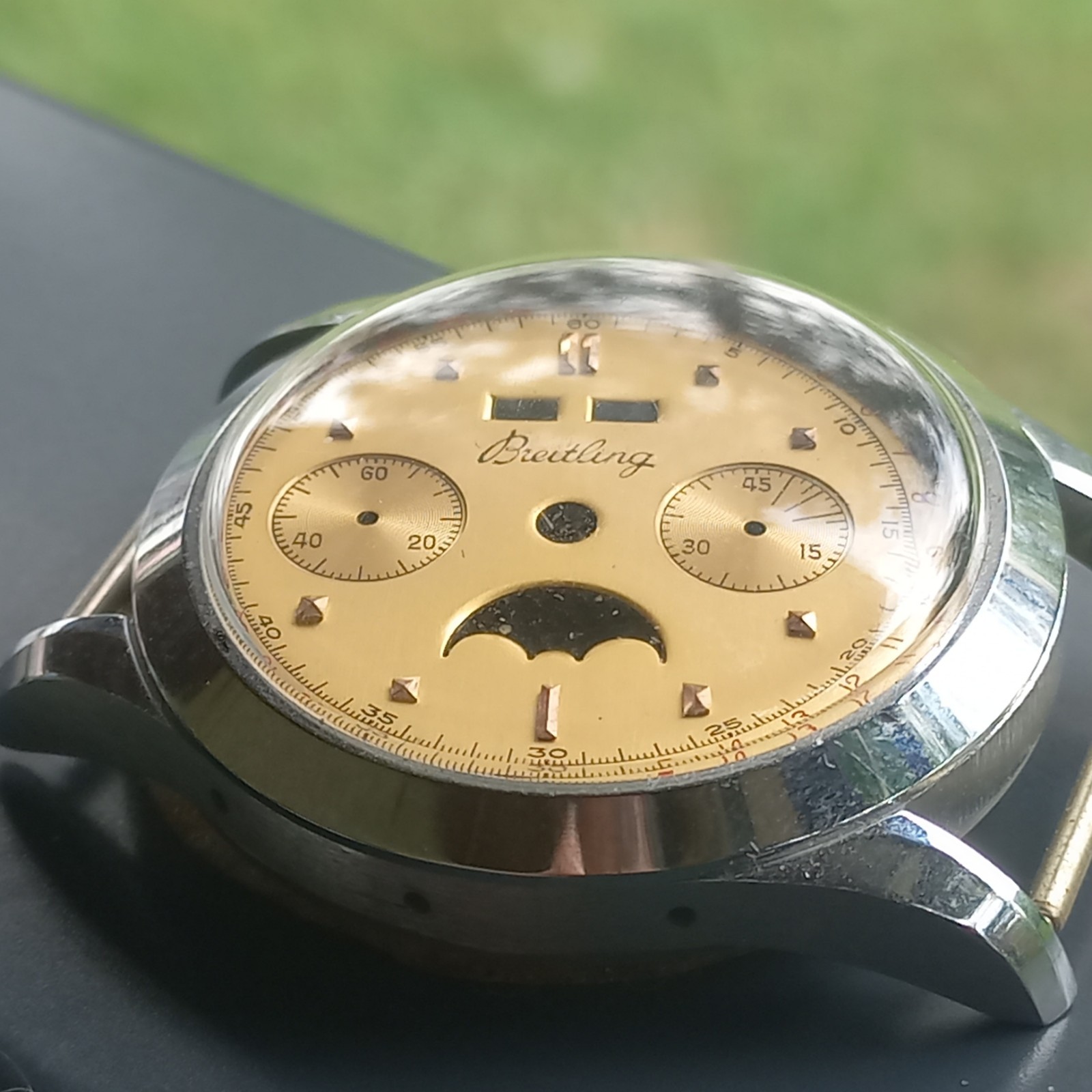 NOS VINTAGE BREITLING TRIPLE DATE MOONPHASE CHRONOGRAPH WATCH CASE DIAL 1950..