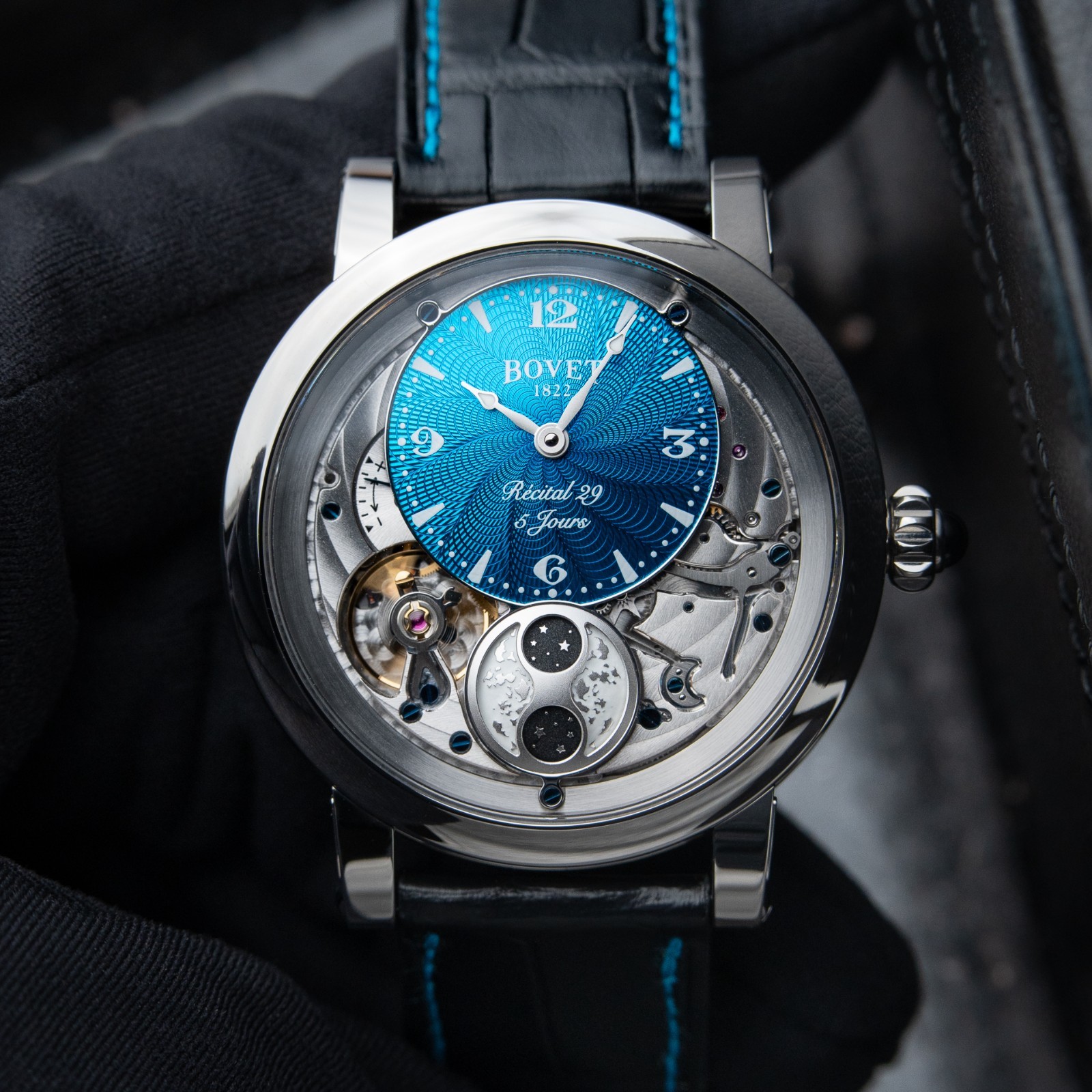 Bovet Dimier Recital 29 UNWORN 7/25 Turquoise Guilloché Moonphase Leather Watch