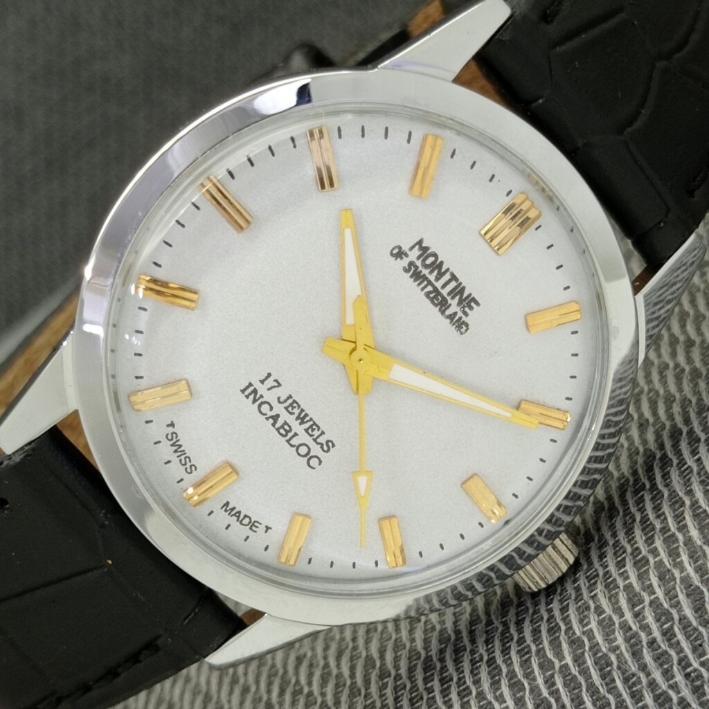 VINTAGE MONTINE HAND-WINDING 17 JEWELS SWISS MENS WHITE COLOR DIAL WATCH a853-U