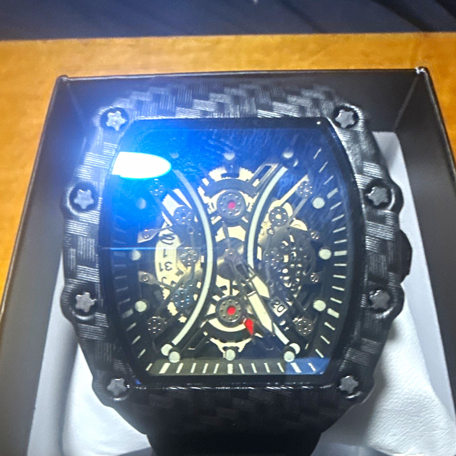 Men’s Tonneau Skeleton Dial Wristwatch Black Carbon Fiber Case Rubber Strap