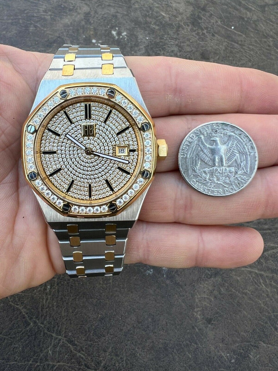 Mens Gold Watch Iced Automatic Skeleton Back Gold 44mm Moissanite Stone Bezel