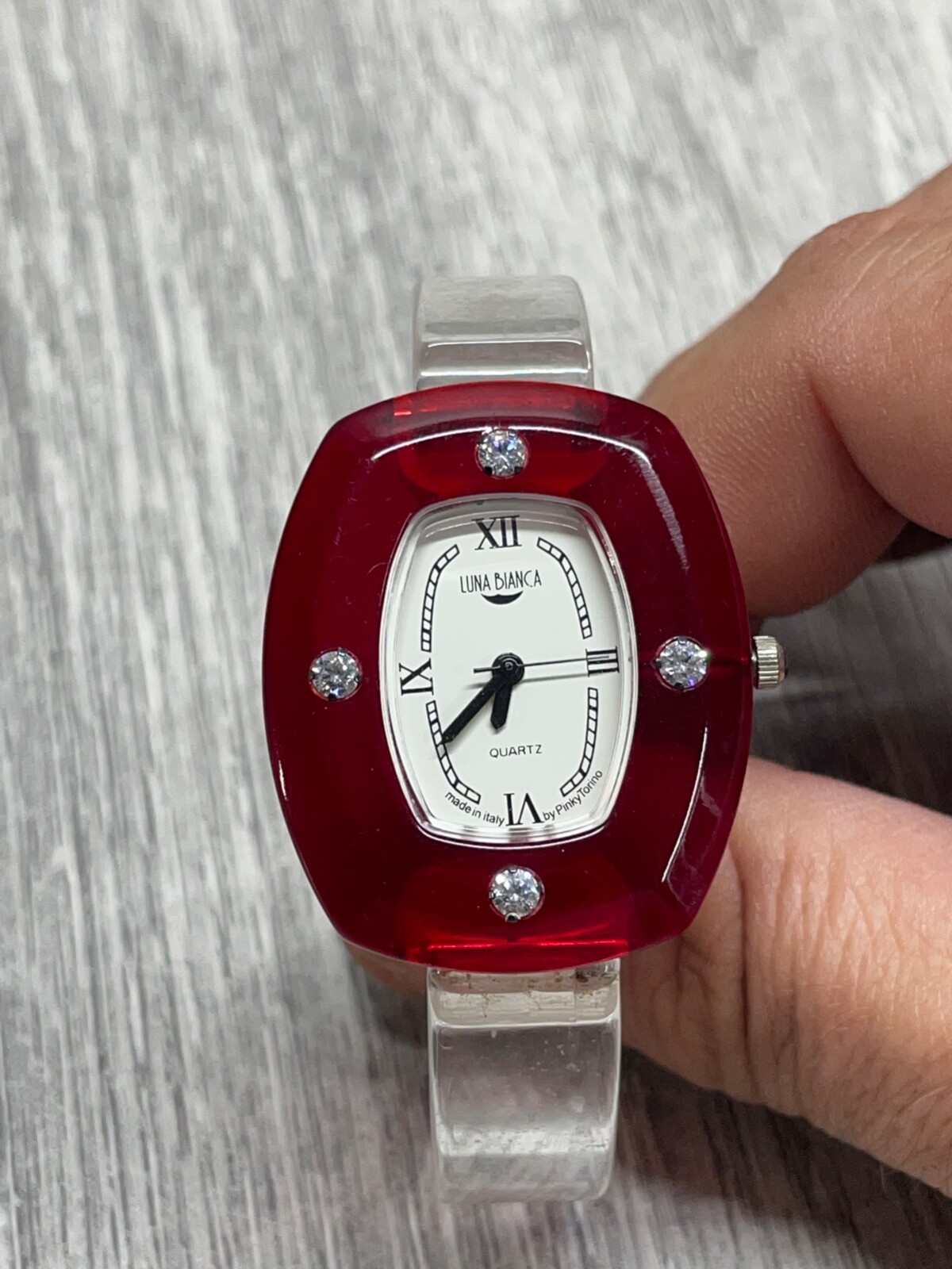 Luna Bianca Watch Clear Lucite Bracelet ITALIAN Red Face New Battery