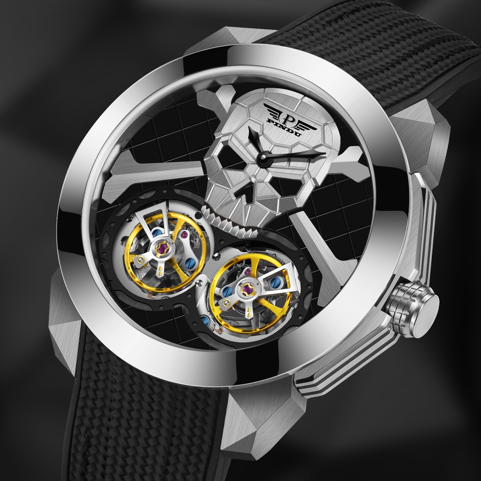 PINDU Men’s Double Tourbillon Mechanical Watch Skull Design Diamond Bezel 5ATM