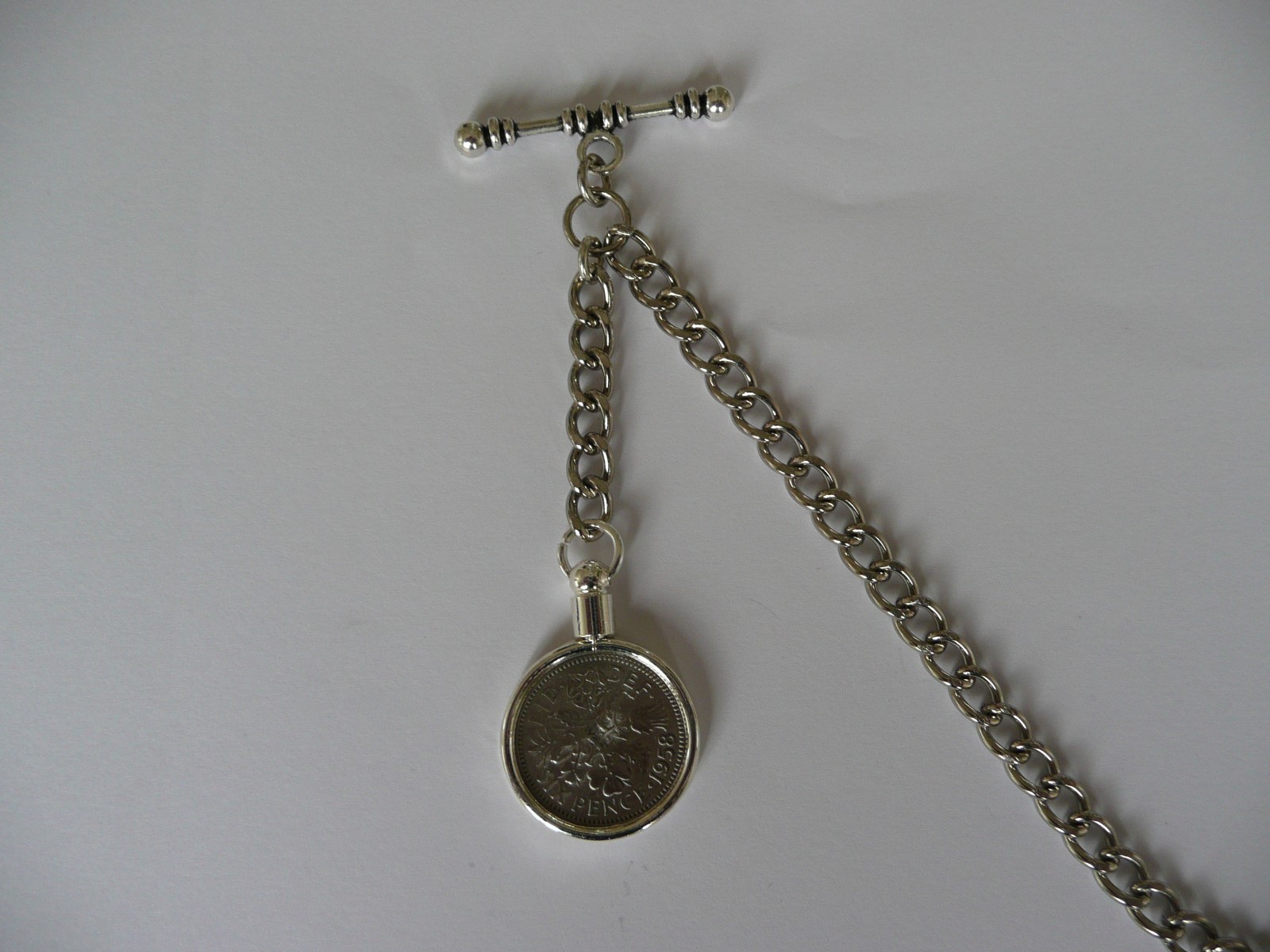 unusual single albert silver plated pocket watch chain lucky sixpence fob 6d fob