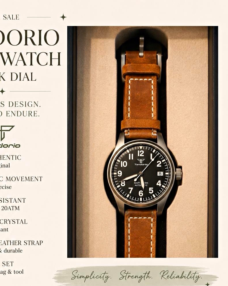 Tandorio TD048 Field Watch Automatic 200m Sapphire Black Dial Arabic Lume Brown