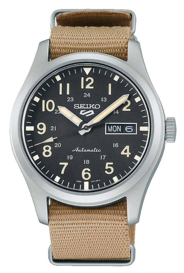 Seiko 5 Sports Automatic Black Dial Beige Nylon Strap Men’s Watch SRPG35 DISPLAY
