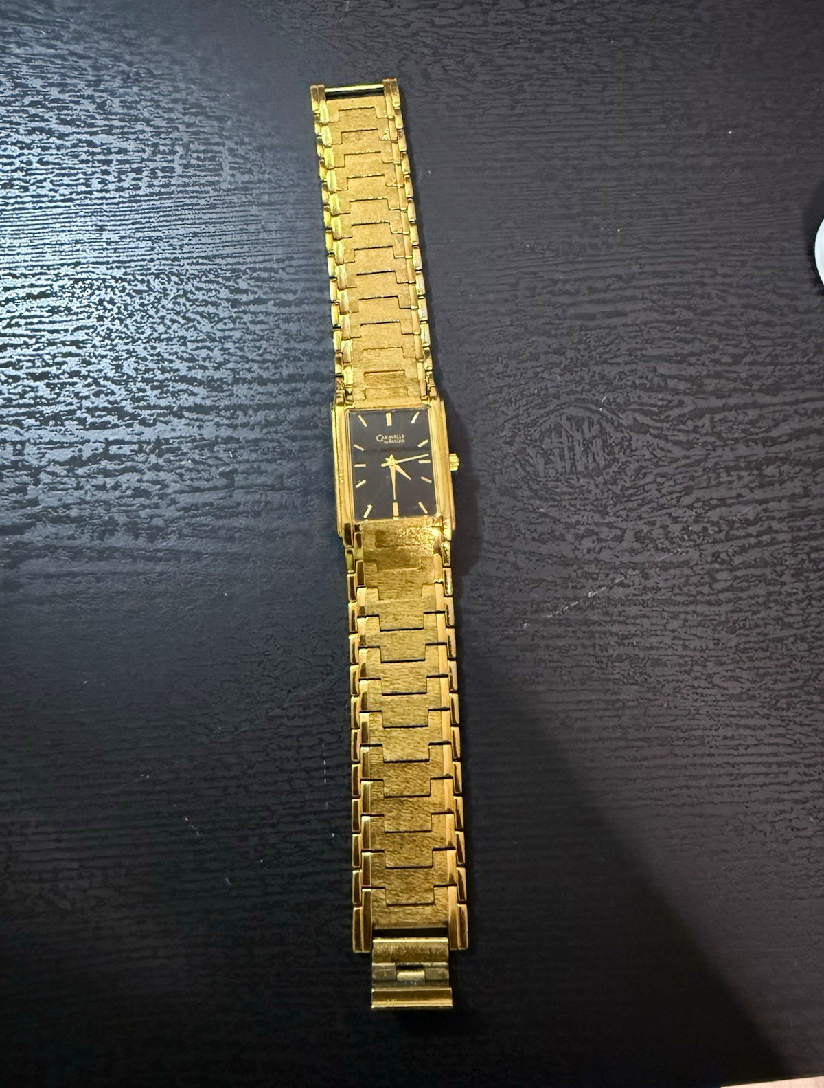Bulova Caravelle Rectangle Quartz Watch Black Dial Gold Tone Bracelet 22mm