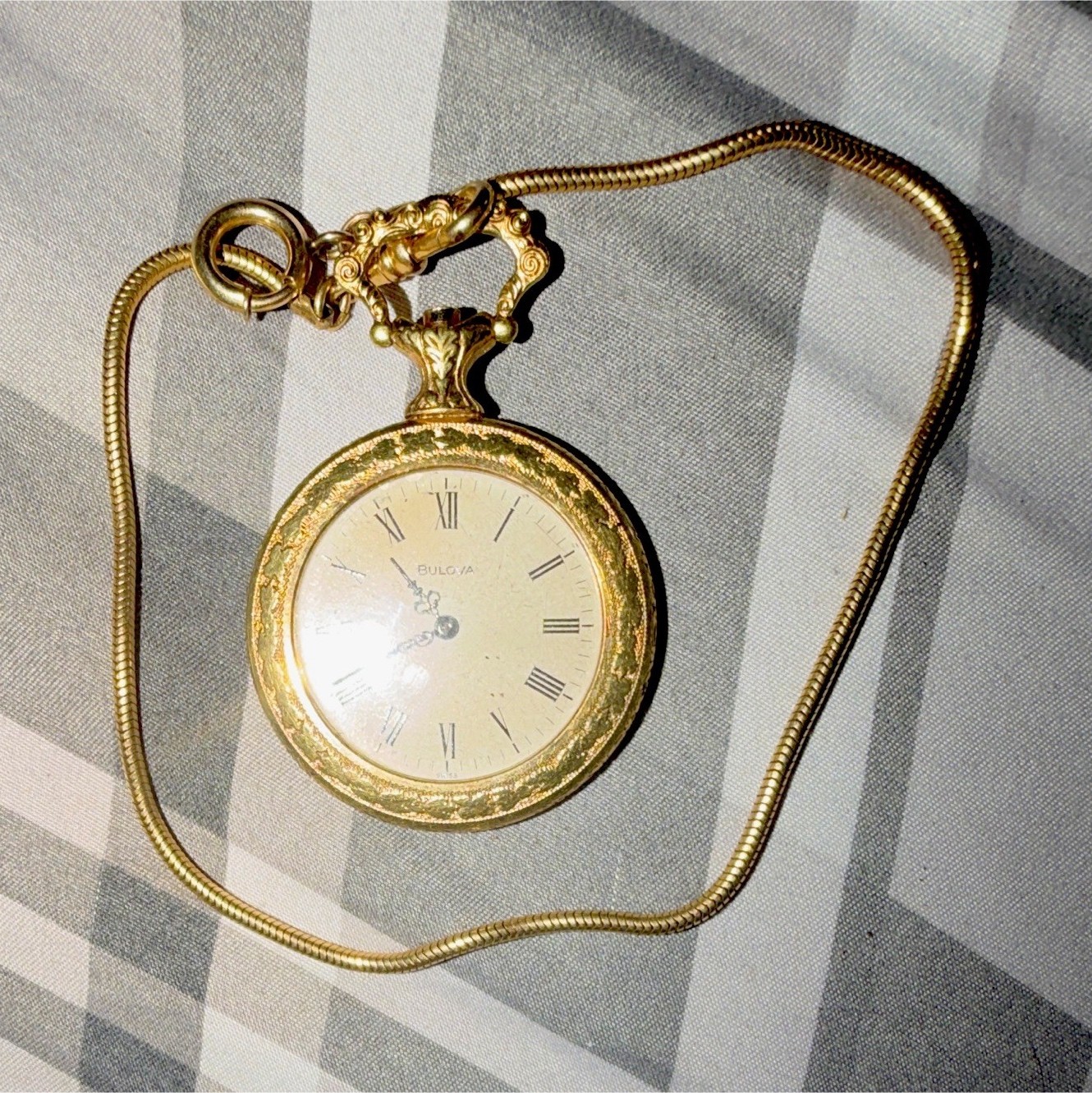Bulova Pocket Watch w/ Chain, Gold Plated Yellow Gold Case, White Roman Dial