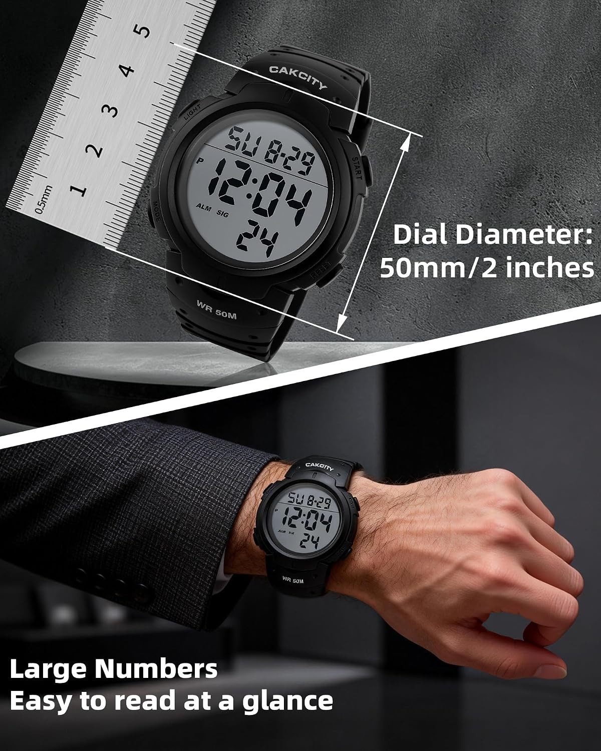 Men’s Active Digital Watch – 50mm Face, EL Backlight & Waterproof for Outdoors