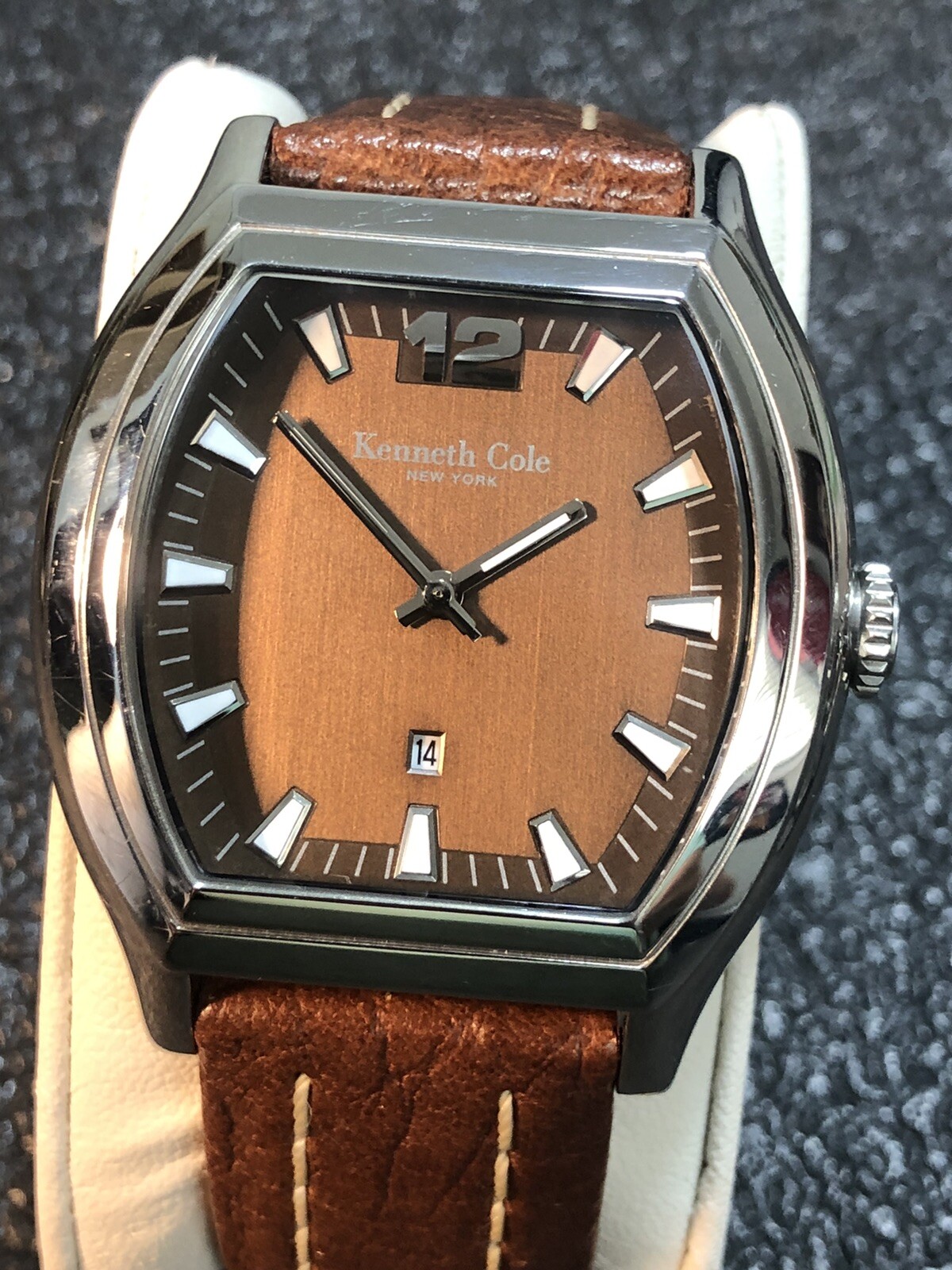 Kenneth Cole Men’s Watch Barrel/Tonneau Shape Bronze Tone Dial 43mm New Battery