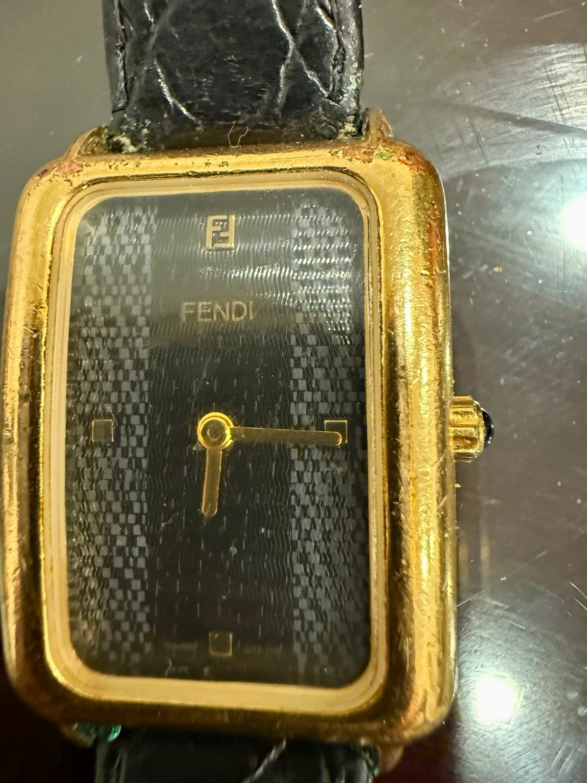 Fendi Women’s Quartz Rectangular Gold Tone Watch Black Dial Black Leather Strap