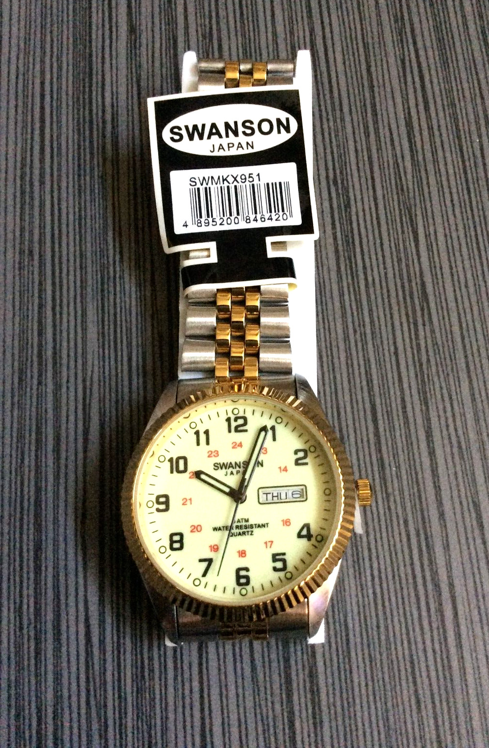 Swanson Men Watch Round Day & Date Glow Dial 12/24 Hour Display 2-Tone Link Band