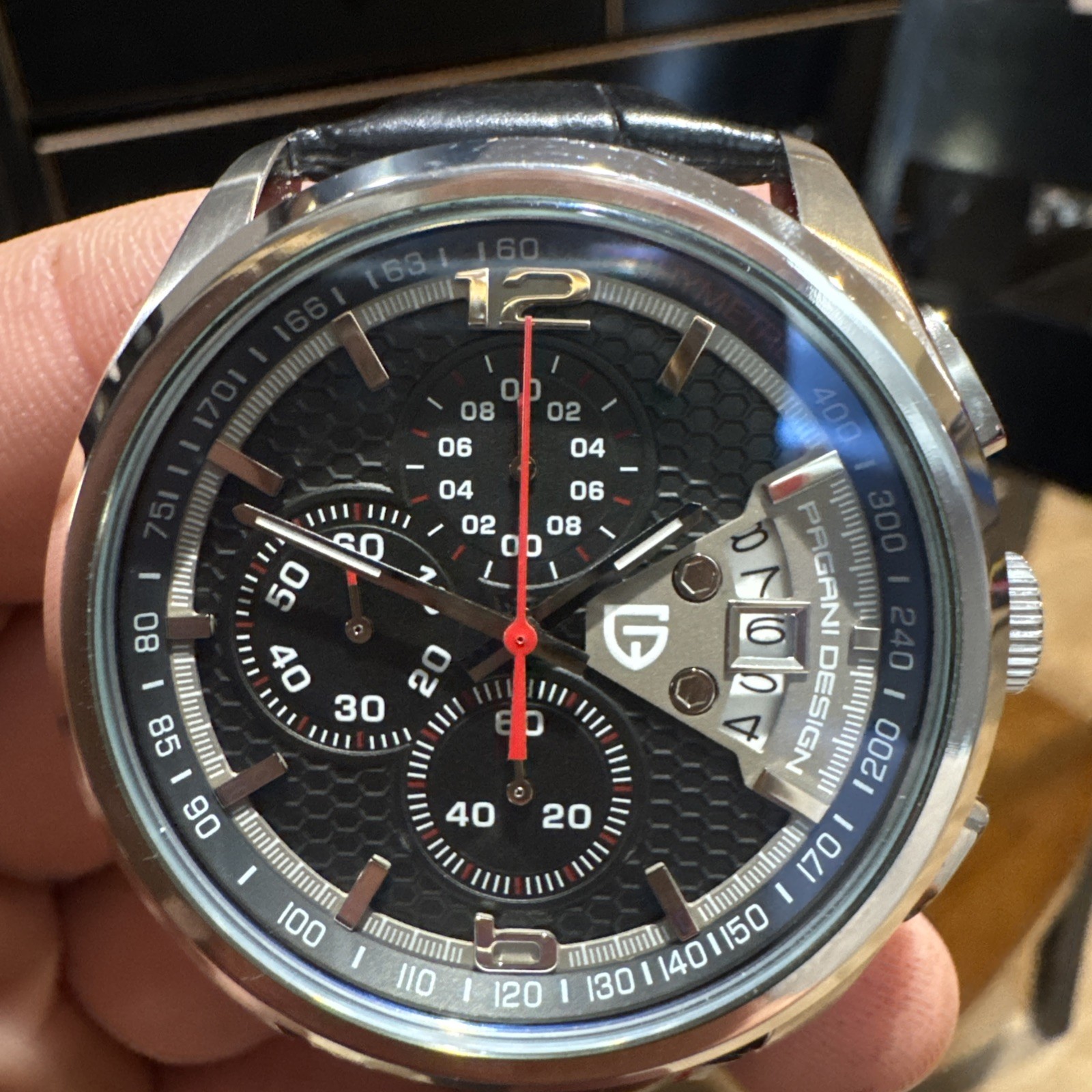 PAGANI DESIGN PD-3306 Sport Chronograph Black Honeycomb Dial Leather Strap