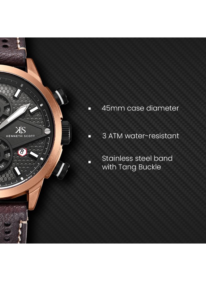 Kenneth Scott Men’s Chronograph Watch | Black Dial, 45mm, 30 m (3 ATM)