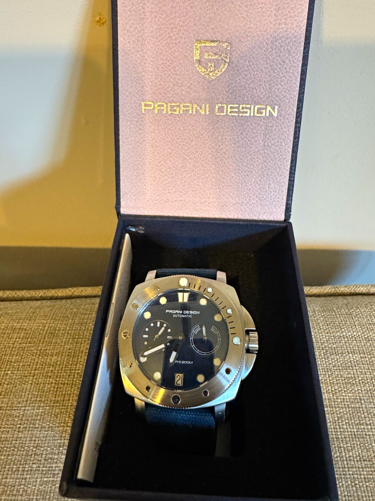 Pagani Design Automatic 200m Black Dial Date Steel Case Blue Strap 47mm