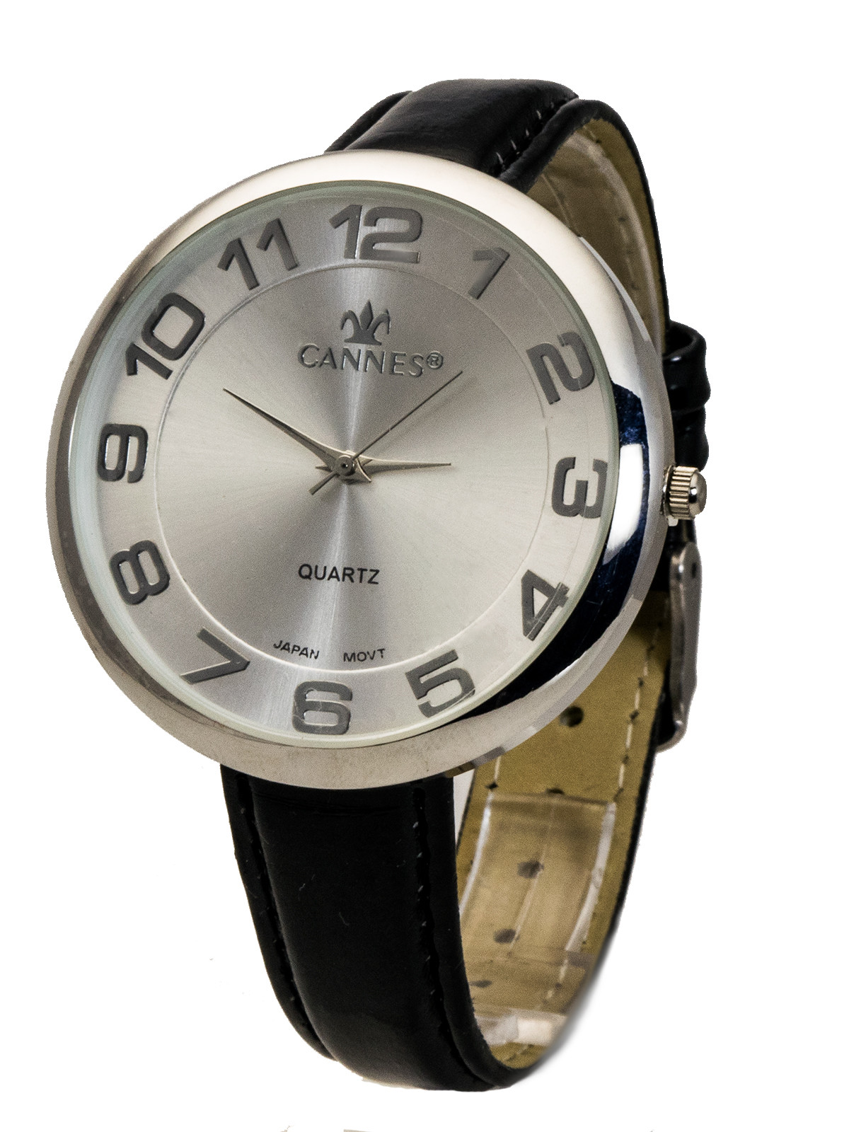 CANNES: WOMENS SLIM LEATHER BAND JUMBO SILVER FINISH CASE ANALOG WATCH