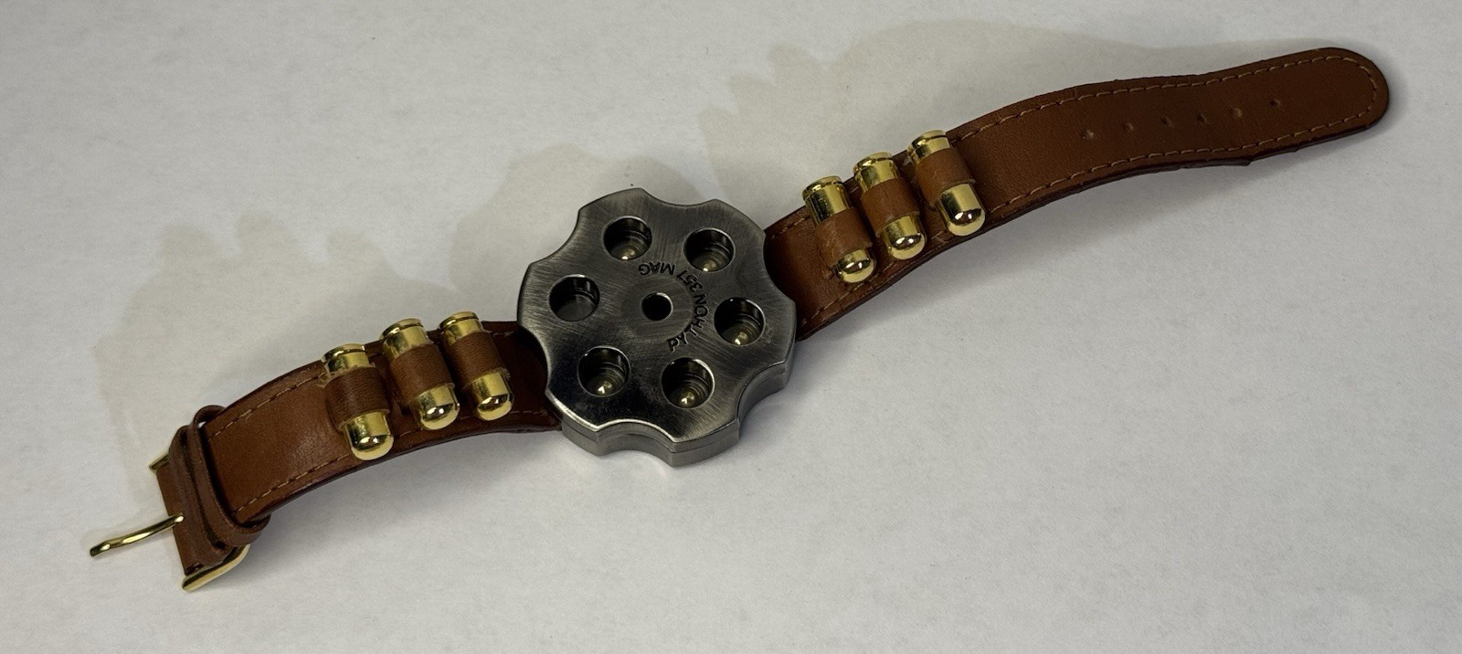 Python 357 Mag Revolver Cylinder Quartz Watch 41mm Men’s Leather Band Ammo
