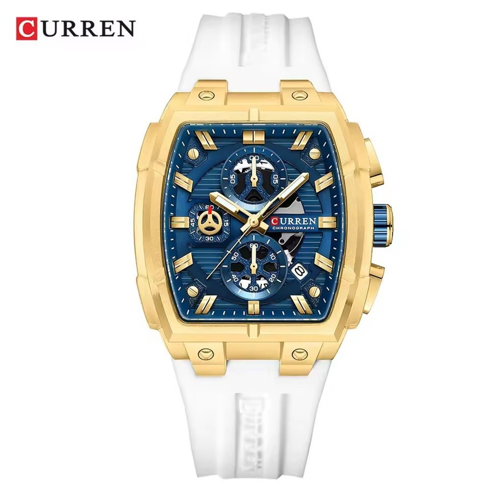 CURREN Men Rectangle Watch Chronograph Wristwatch Silicone Strap Sport Watches