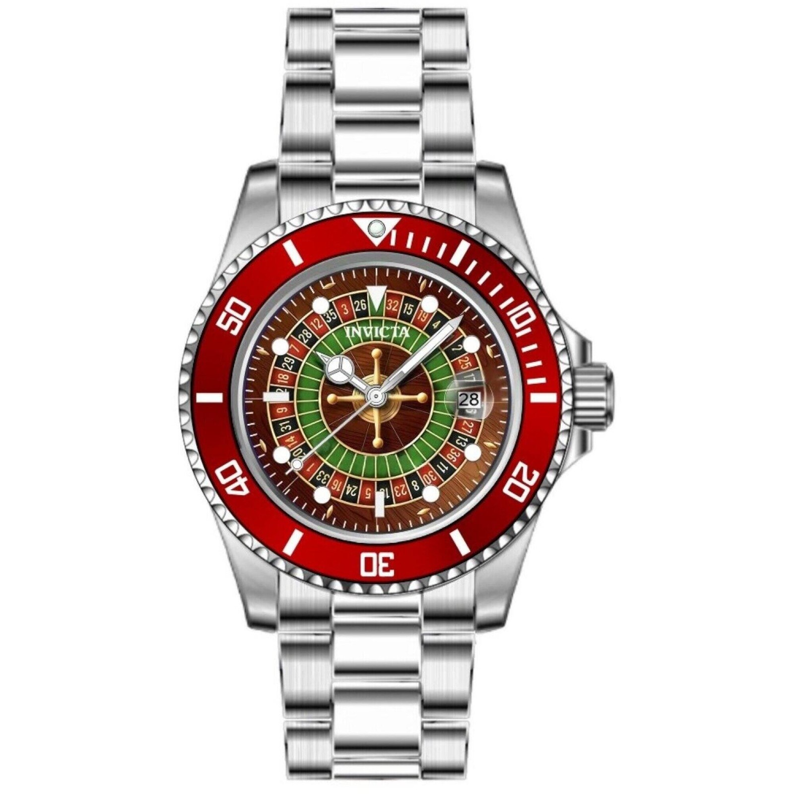 Invicta Men’s Watch Pro Diver Black, Green, Red Dial Silver Tone Bracelet 50519