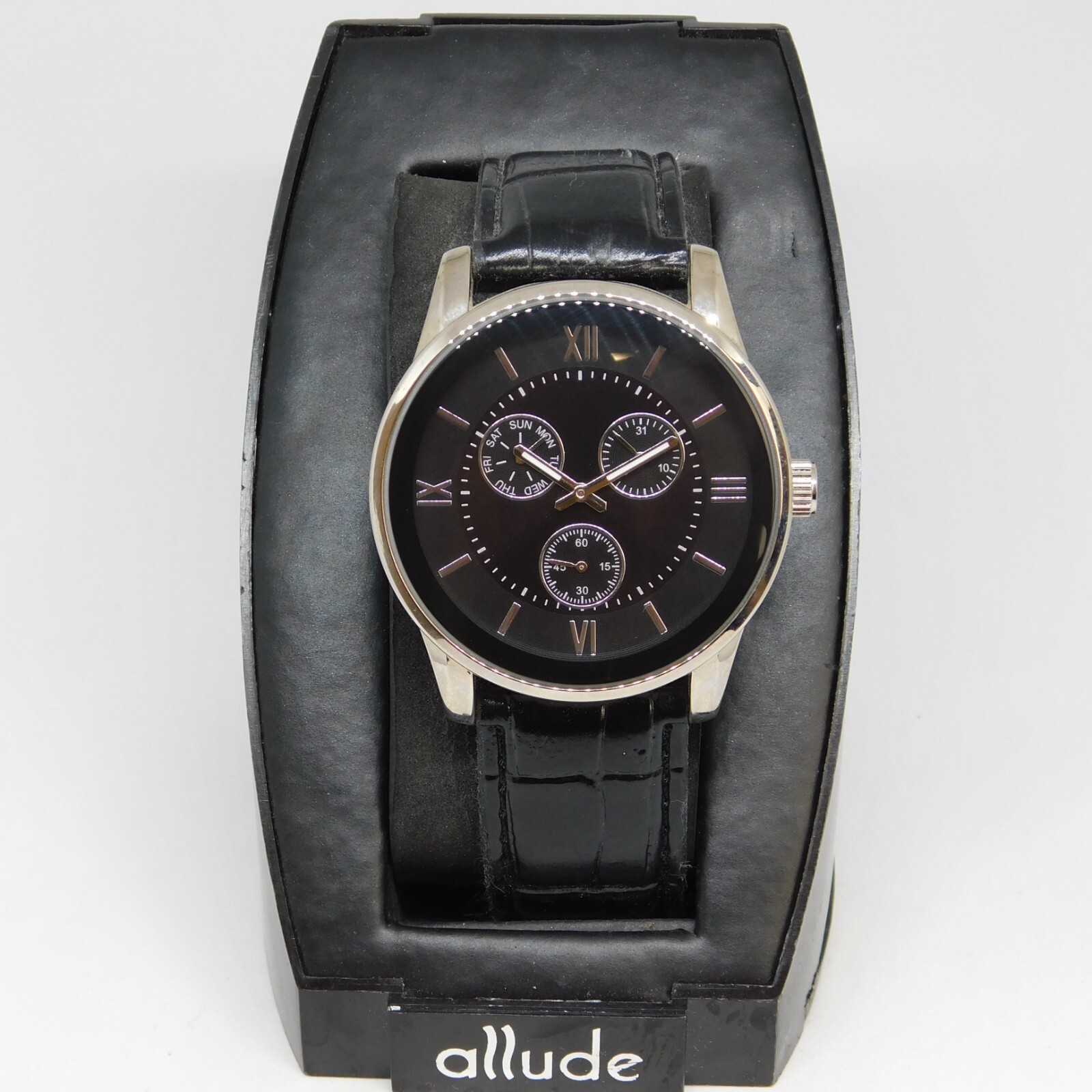 Allude Silver Tone Case Black Tone Band Quartz Analog Men’s Watch New Battery