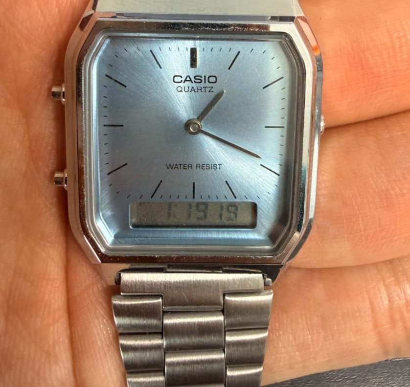 Casio AQ-230A-2A1MQY Analog Square Unisex Light Blue Steel Band WR Quartz Watch