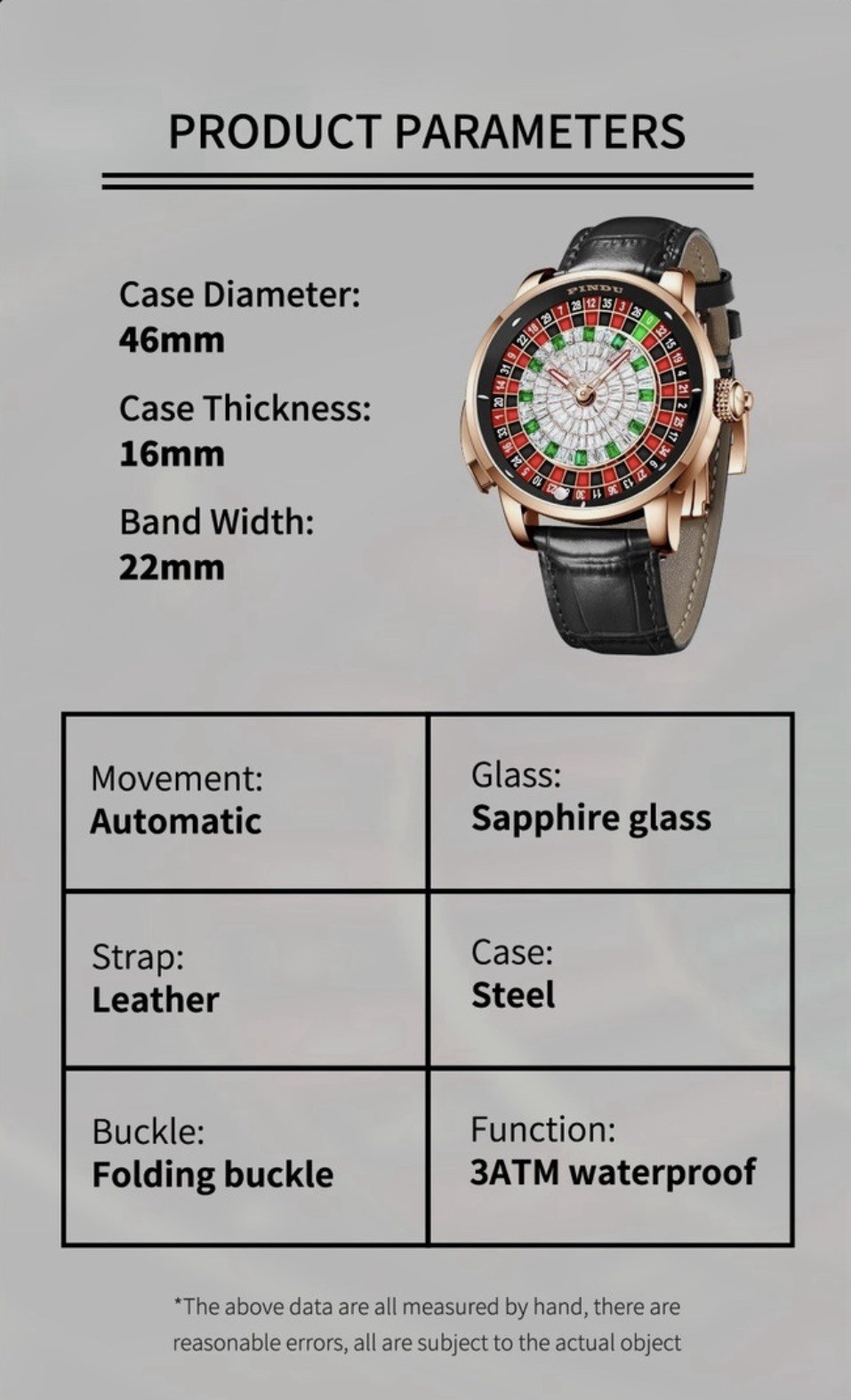 PINDU Luxury Men’s Automatic Watch 5ATM Casino Tourbillon Rotating Roulette