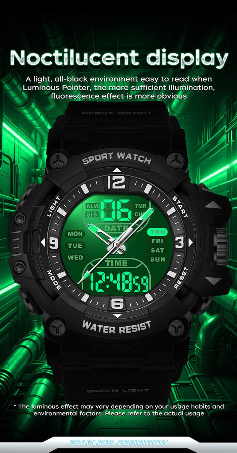 Trendy dual display dial multifunctional sports style quartz waterproof watch