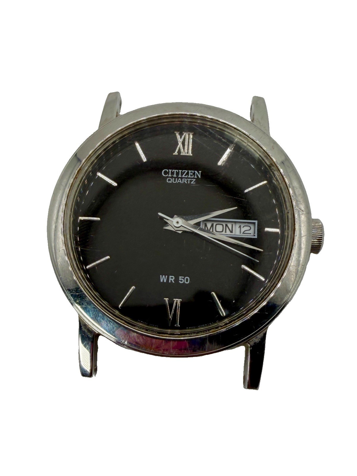Vintage Citizen Quartz Watch WR50 Black Dial Untested Day Date Head Only 36mm