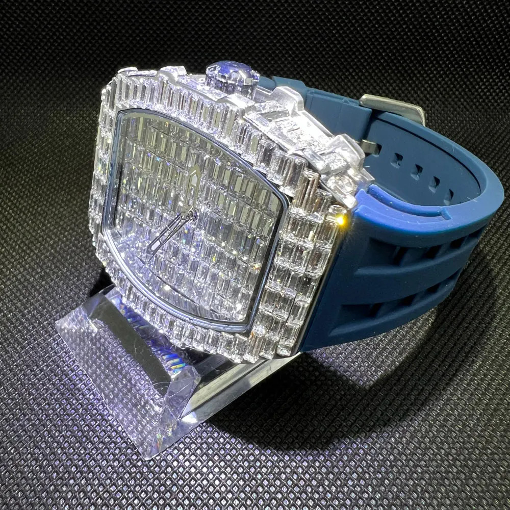 Fashion Tonneau Diamond Bling Men’s Watch Waterproof Rubber Band Gift