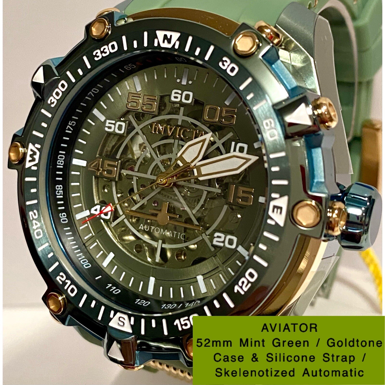 Mint Green/Goldtn AVIATOR Skeletonized 52mm Mint Green Strap Auto Mens Watch