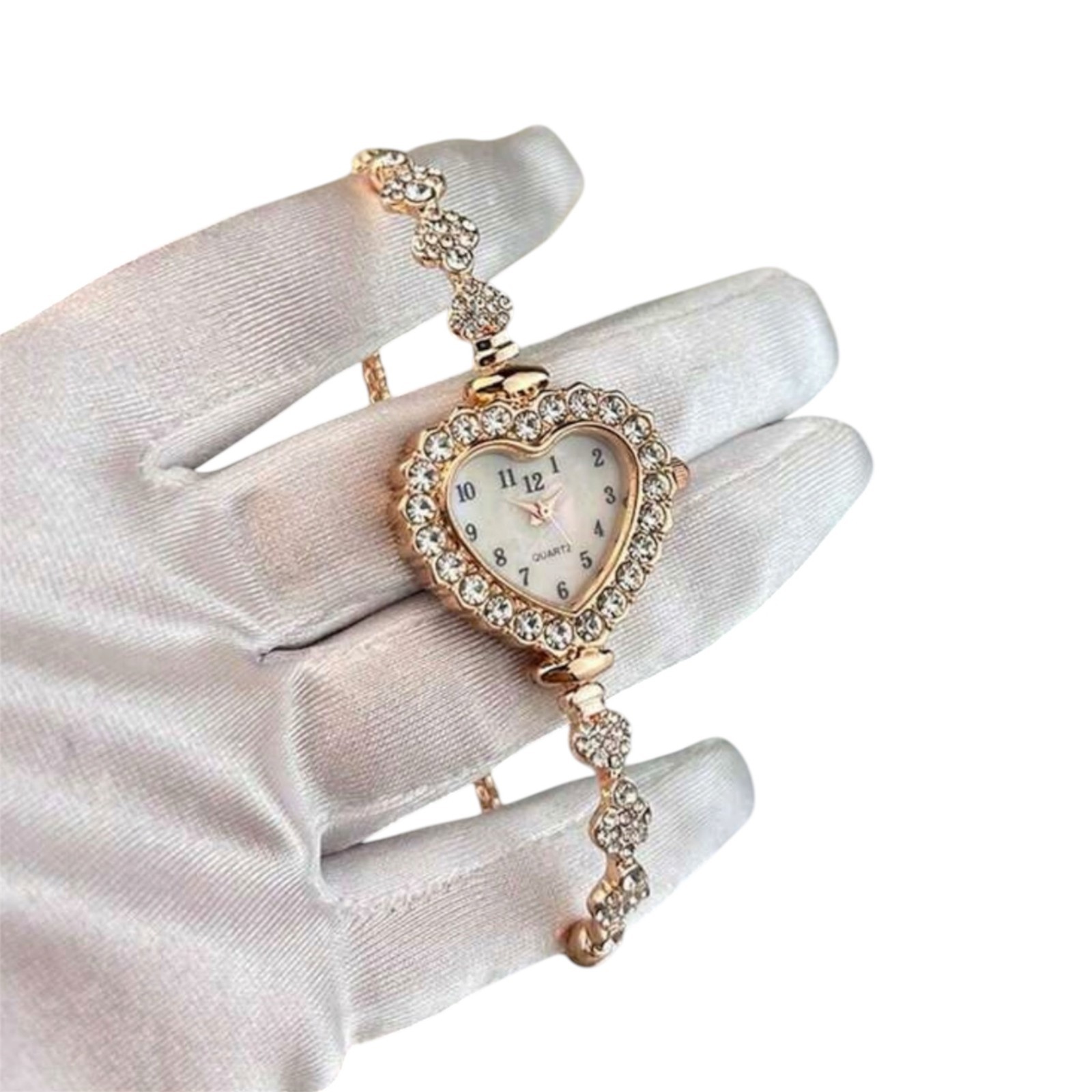 Women’s Heart-Shaped Analog Quartz Bracelet Watch, Rhinestone Bezel Gold/Rose