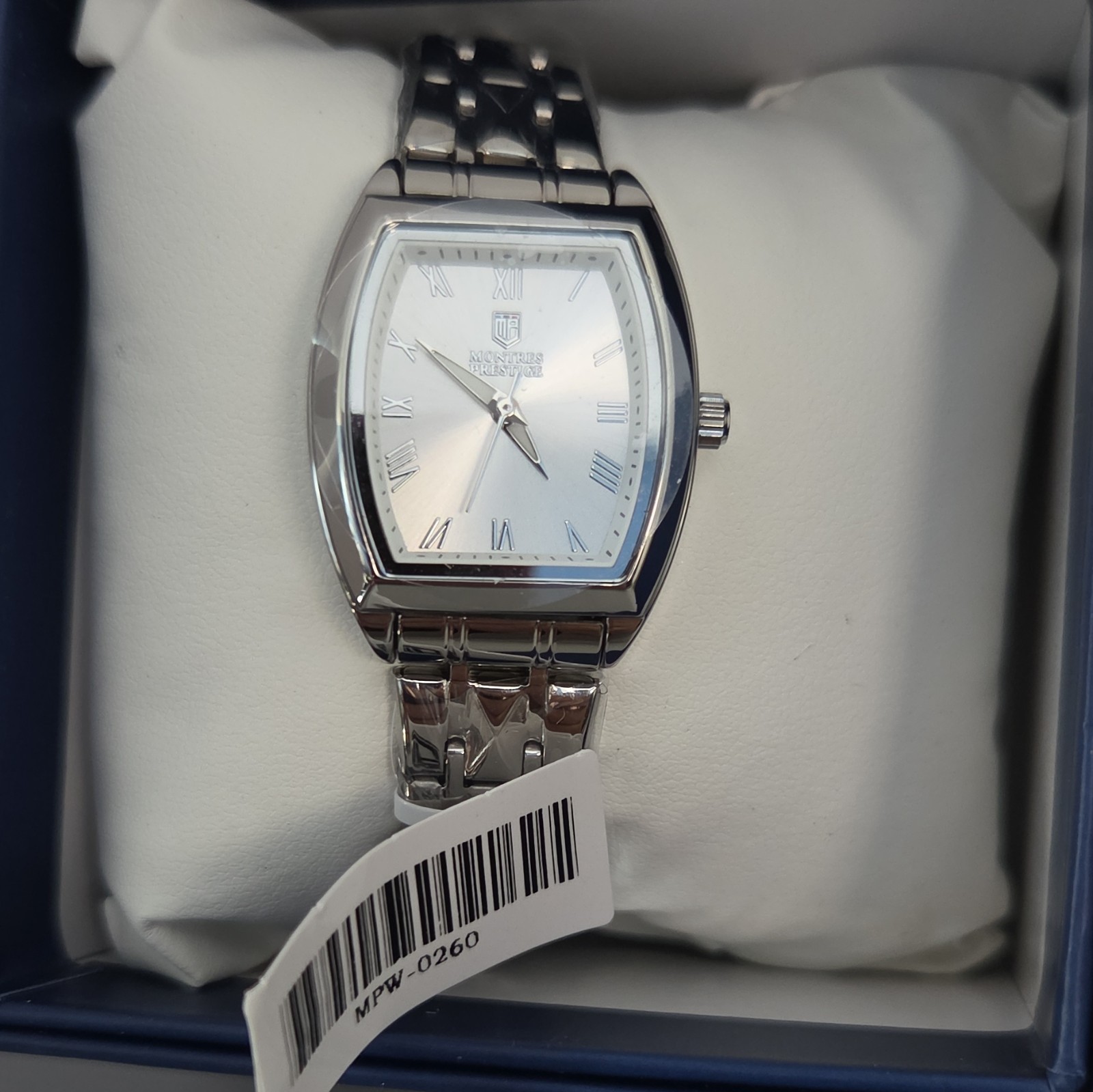 Montres Prestige Women’s 27mm Tonneau Quartz SS Bracelet White Roman Dial