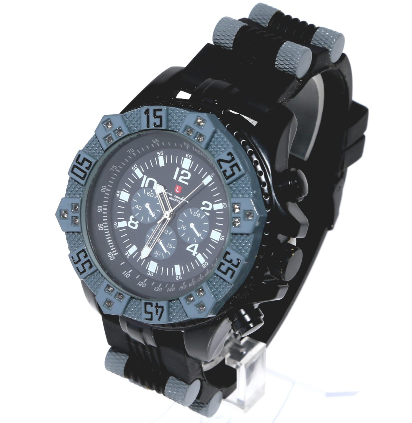 Men’s Heavy Metal Bezel Watch Hip Hop Iced Black & Gray Finish Silicone Band