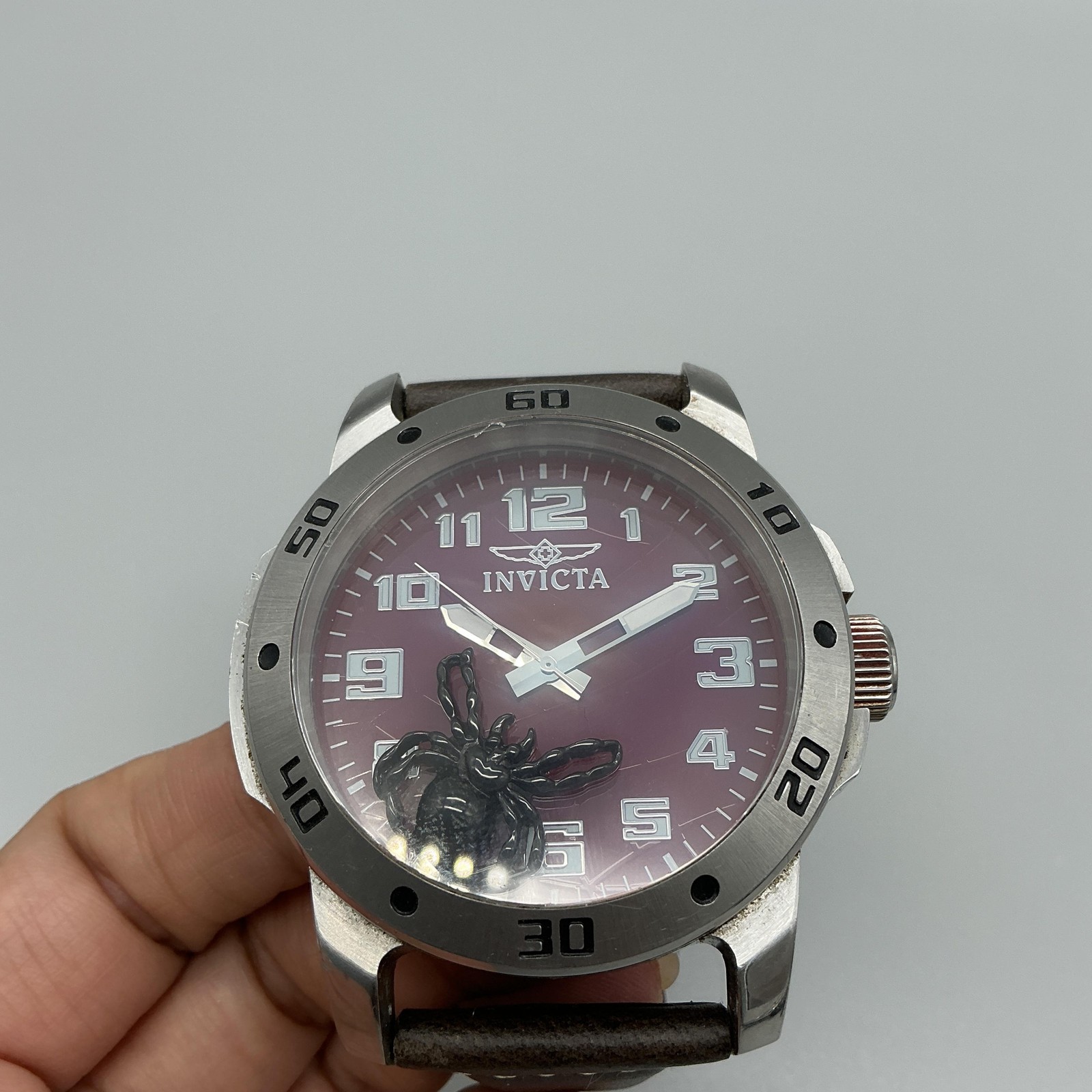 Invicta 1172 Tritnite Mens Watch 49mm Red Dial Brown Leather Spider New Battery